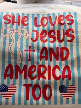 She Loves Jesus and America Too Graphic Tee - Red & Light Blue